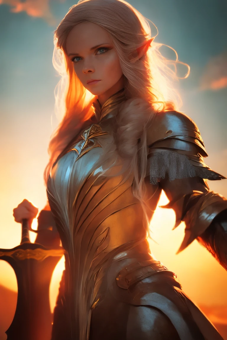 Galadriel, inspired by the series "The Rings of Power", (((L4L4 face))),  in a majestic pose at the center of the scene ,  wearing shimmering armor and elven details,  holding a sword .  Hyper-realistic details on the face and hands ,  metal texture of the highly detailed armor ,  skin illuminated with perfection ,  cinematic atmosphere , epic and glorious . natural light, 35mm photograph, film, professional, 4K, highly detailed, Golden hour lighting. Depth of field F2. Rule of Thirds Composition.
