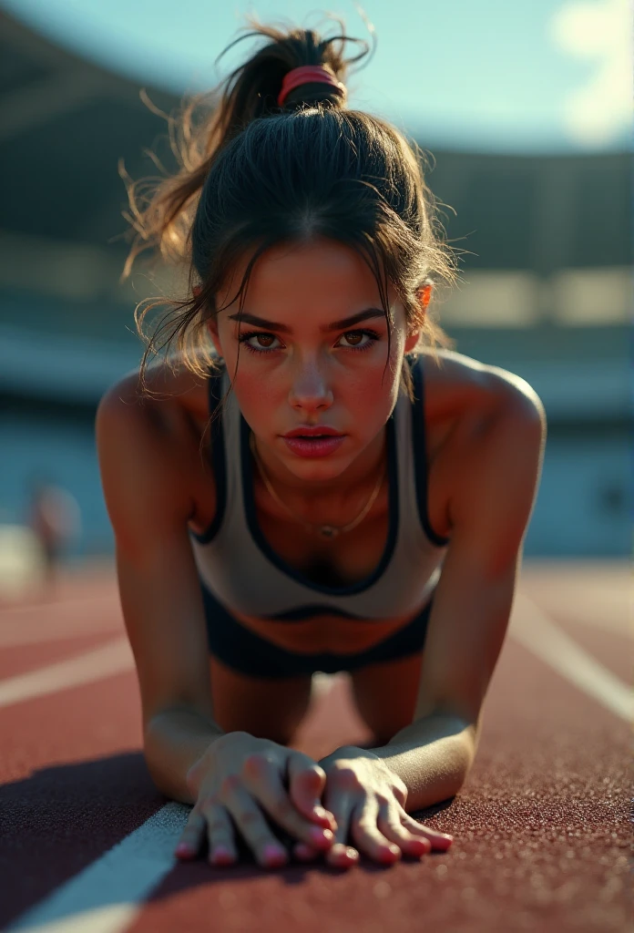 a girl runner collapsed on the ground after finishing a 400m race, beautiful detailed eyes, beautiful detailed lips, extremely detailed eyes and face, long eyelashes, exhausted expression, sweaty skin, dynamic athletic pose, sports uniform, running track, stadium environment, cinematic lighting, dramatic shadows, muted color palette, (best quality,4k,8k,highres,masterpiece:1.2),ultra-detailed,(realistic,photorealistic,photo-realistic:1.37),HDR,UHD,studio lighting,ultra-fine painting,sharp focus,physically-based rendering,extreme detail description,professional,vivid colors,bokeh,sports photography