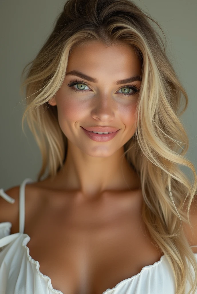 A smiling, sexy 26-year-old American woman with blonde hair and a perfect physique is looking at the camera. It will be hyper realistic and ultra realistic. (worst quality, low quality, normal quality, lowres, low details, oversaturated, undersaturated, overexposed, underexposed, grayscale, bw, bad photo, bad photography, bad art:1.4), (watermark, signature, text font, username, error, logo, words, letters, digits, autograph, trademark, name:1.2), (blur, blurry, grainy), morbid, ugly, asymmetrical, mutated malformed, mutilated, poorly lit, bad shadow, draft, cropped, out of frame, cut off, censored, jpeg artifacts, out of focus, glitch, duplicate, (airbrushed, cartoon, anime, semi-realistic, cgi, render, blender, digital art, manga, amateur:1.3), (3D ,3D Game, 3D Game Scene, 3D Character:1.1), (bad hands, bad anatomy, bad body, bad face, bad teeth, bad arms, bad legs, deformities:1.3)