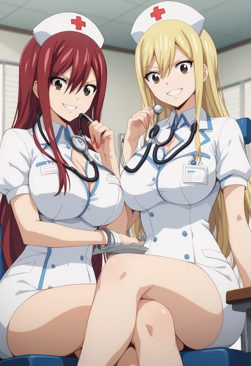 2 girls, examination room, ((( best quality))), slky skin,  co-op fellatio,
BREAK
erza scarlet, long hair, red hair, hair between eyes, brown eyes, large breasts, docter`s white coat, sitting on chair,crossed legs, have a stethoscope, (((smile, look at viewer))),
BREAK
 lucy heartfilia, long hair, blonde hair, large breasts, brown eyes, nurse uniform, standing behind erza, lucy is anxious face