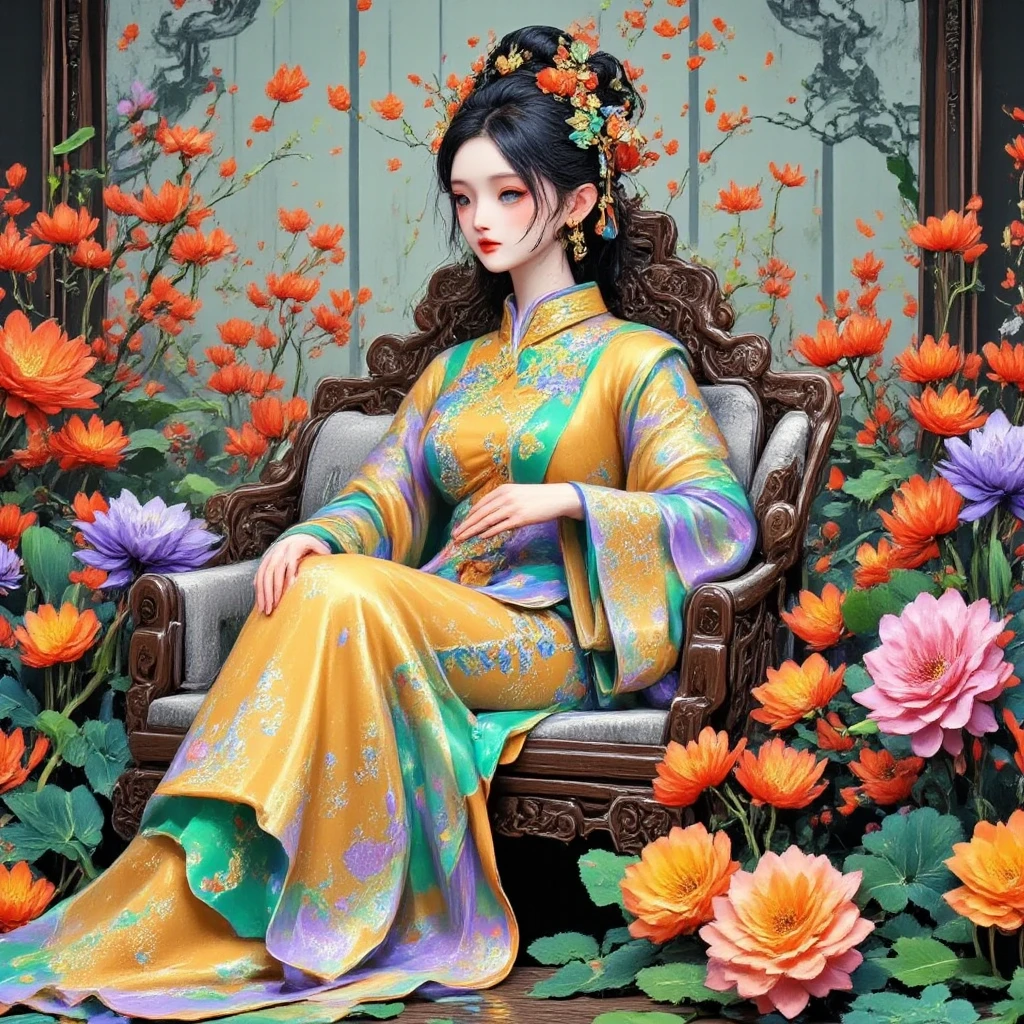  Tang dynasty style figures ，Elegant clothing， crimson and bright yellow colors ，Chang'an City background ， elegant women and writers，Traditional gardens，Bright Lights，Delicate pattern，Ancient Chinese culture