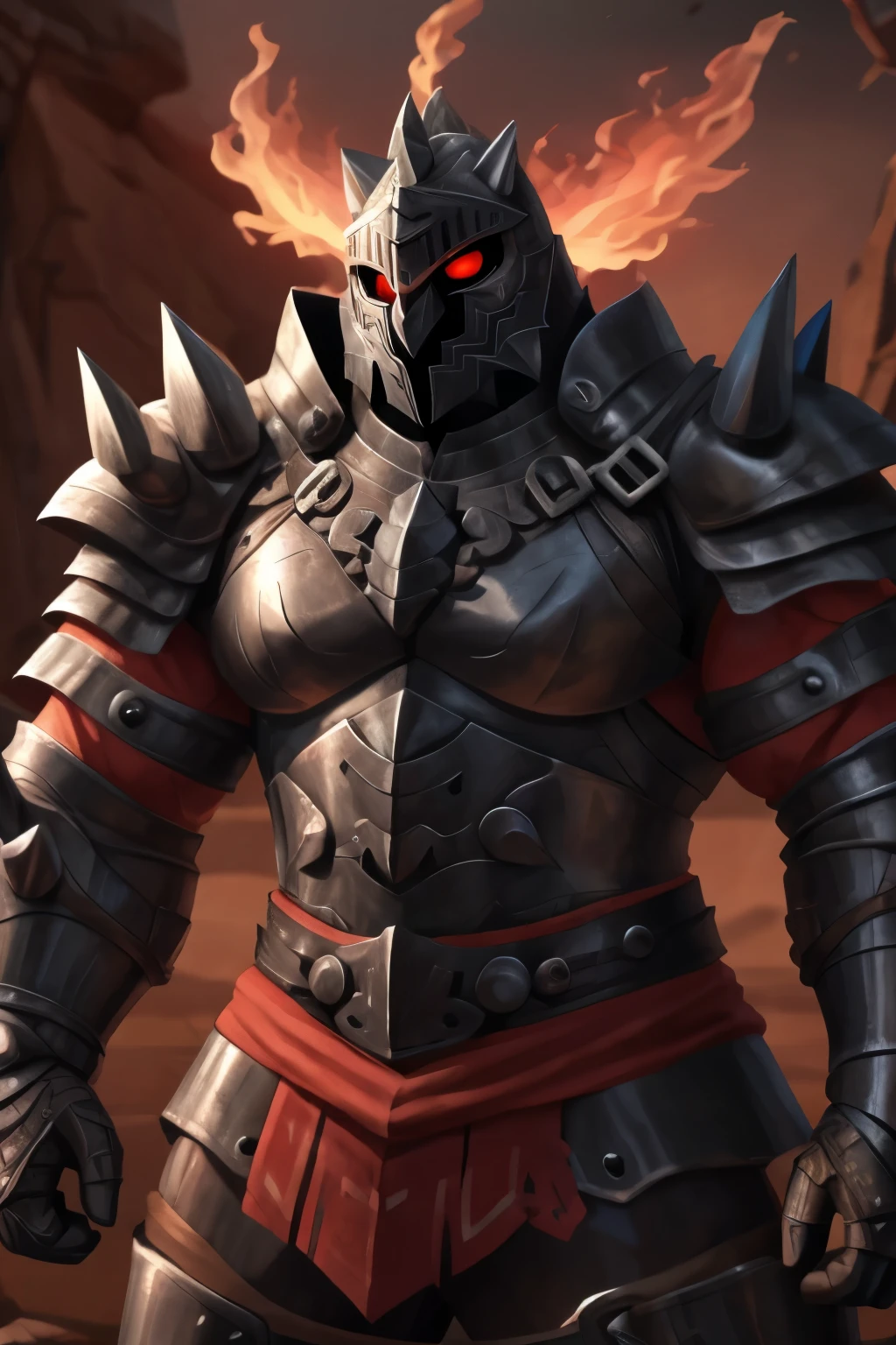 (best quality,ultra-detailed),surt,metal face(1.1),red eyes(1.1),armor(1.1),muscular male,tall,barbarian,pants pullover,full armor