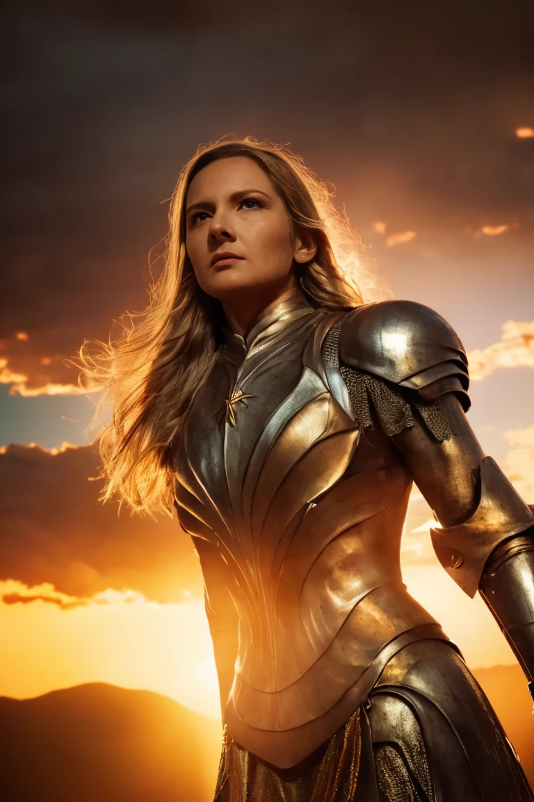 Galadriel, inspired by the series "The Rings of Power", (((L4L4 face))),  in a majestic pose at the center of the scene ,  holding a sword. wearing shimmering armor and elven details,  with its blond hair flowing under a golden light .  The background shows an epic landscape of golden Middle Earth ,  with distant mountains ,  dramatic sky and beams of heavenly light .  Determined expression and intense gaze ,  capturing your strength and wisdom .  Hyper-realistic details on the face and hands ,  metal texture of the highly detailed armor ,  skin illuminated with perfection ,  cinematic atmosphere , epic and glorious . natural light, 35mm photograph, film, professional, 4K, highly detailed, Golden hour lighting. Depth of field F2. Rule of Thirds Composition.
