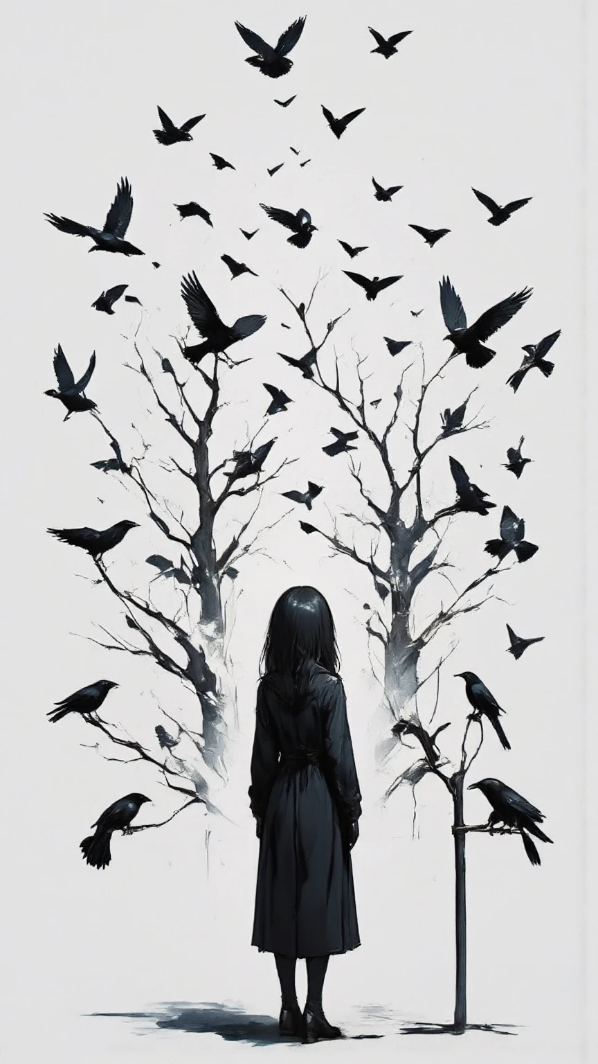 shadow of a girl standing, an unusual number of flying crows covering everywhere dynamically and 3dimentionally.The sky is filled with so many crows. inspired by the Hitchcock's film\(The Birds\),simplism,minimalism