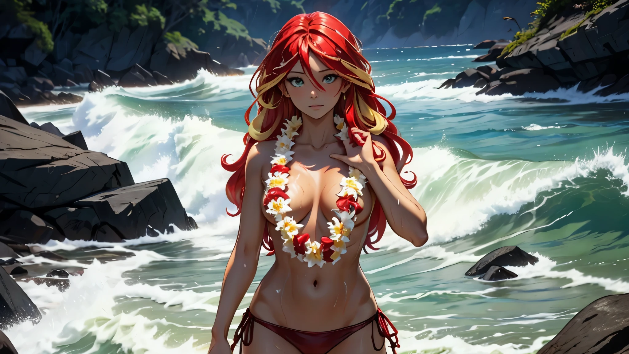 Sunsethuman, female, red and yellow hair, wavy hair, wet hair, wet skin, on rocks, slashing waves, photoshoot, lei