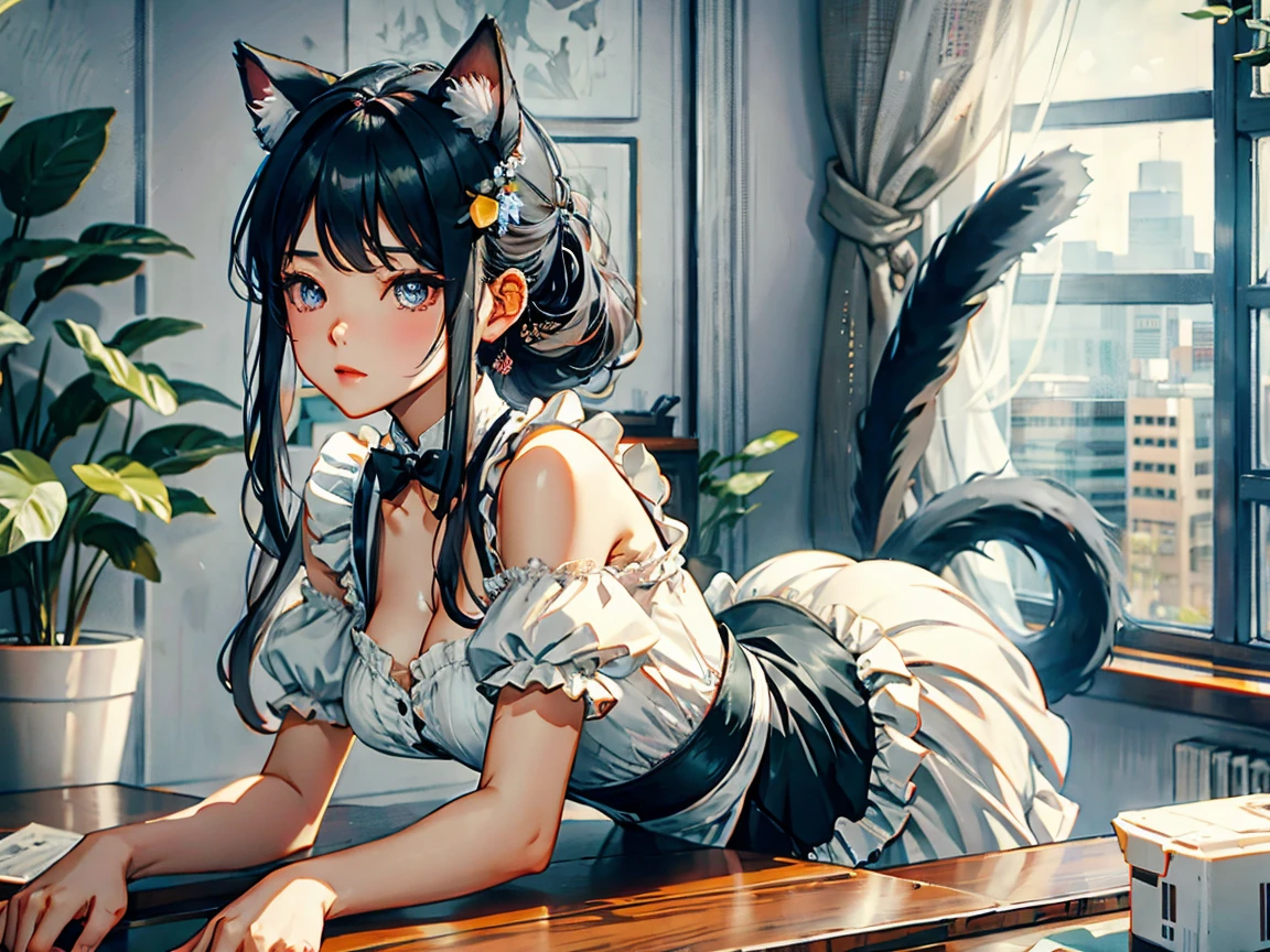 absurderes、ultra-detailliert、masterpiece、top-quality、BRAEK、Official art、(Beautifully Aesthetic:1.2)、(watercolor paiting:Curly)、BRAEK、Devilish Beautiful Girl、a beautifulchi girl、(kawaii:⒈3)、、BRAEK、4 finger,Thumb、Detailed hands and fingers、BRAEK、colourful hair、Splash、(Mixed blue and pink hair:1.2)、(フラクタルアート1.3)、BRAEK、Cat's ears、A sexy、BRAEK、humanoide、BRAEK、Cultivated woman、BRAEK、Variegated eyes、BRAEK、From Side、Look at viewers、BRAEK、Fantasy Room、BRAEK、Shyness、Happiness、red blush、BRAEK、Showa gravure、(((all-fours)))、from the rear、BRAEK、Detailed 、Life with cat、🐈