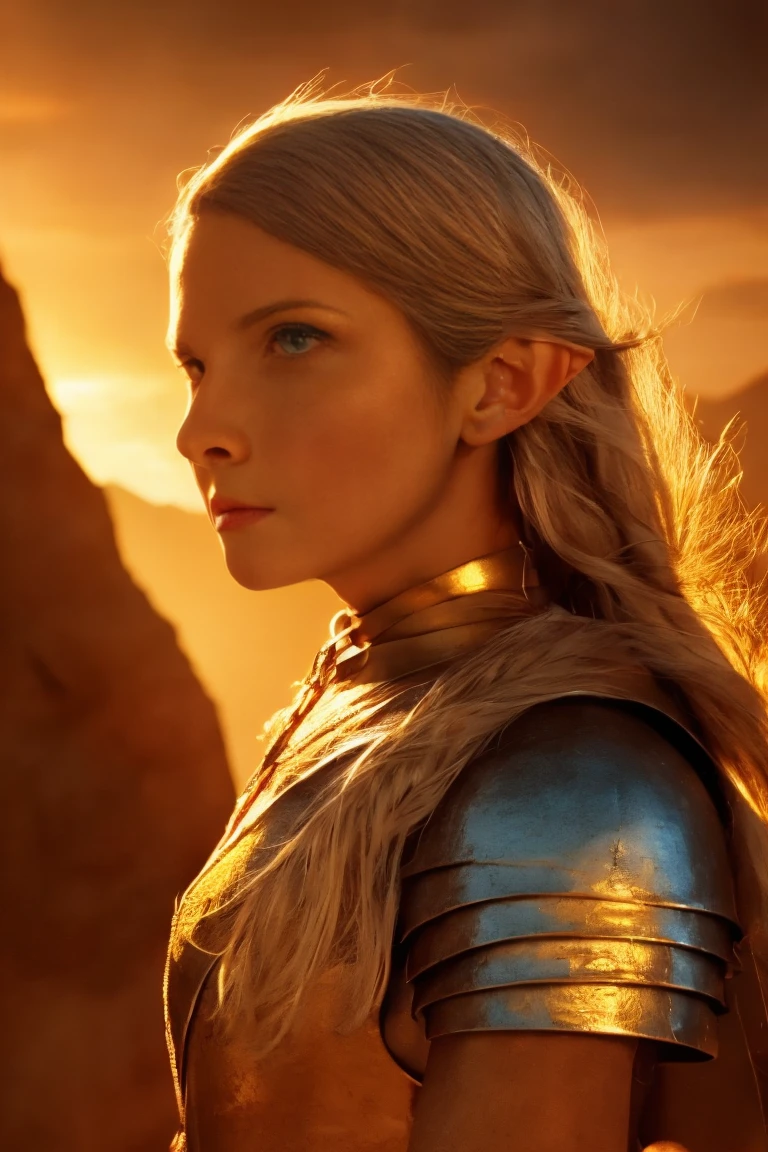 Galadriel, inspired by the series "The Rings of Power", (((L4L4 face))),  in a majestic pose at the center of the scene ,  holding a sword. wearing shimmering armor and elven details,  with its blond hair flowing under a golden light .  The background shows an epic landscape of golden Middle Earth ,  with distant mountains ,  dramatic sky and beams of heavenly light .  Determined expression and intense gaze ,  capturing your strength and wisdom .  Hyper-realistic details on the face and hands ,  metal texture of the highly detailed armor ,  skin illuminated with perfection ,  cinematic atmosphere , epic and glorious . natural light, 35mm photograph, film, professional, 4K, highly detailed, Golden hour lighting. Depth of field F2. Rule of Thirds Composition.
