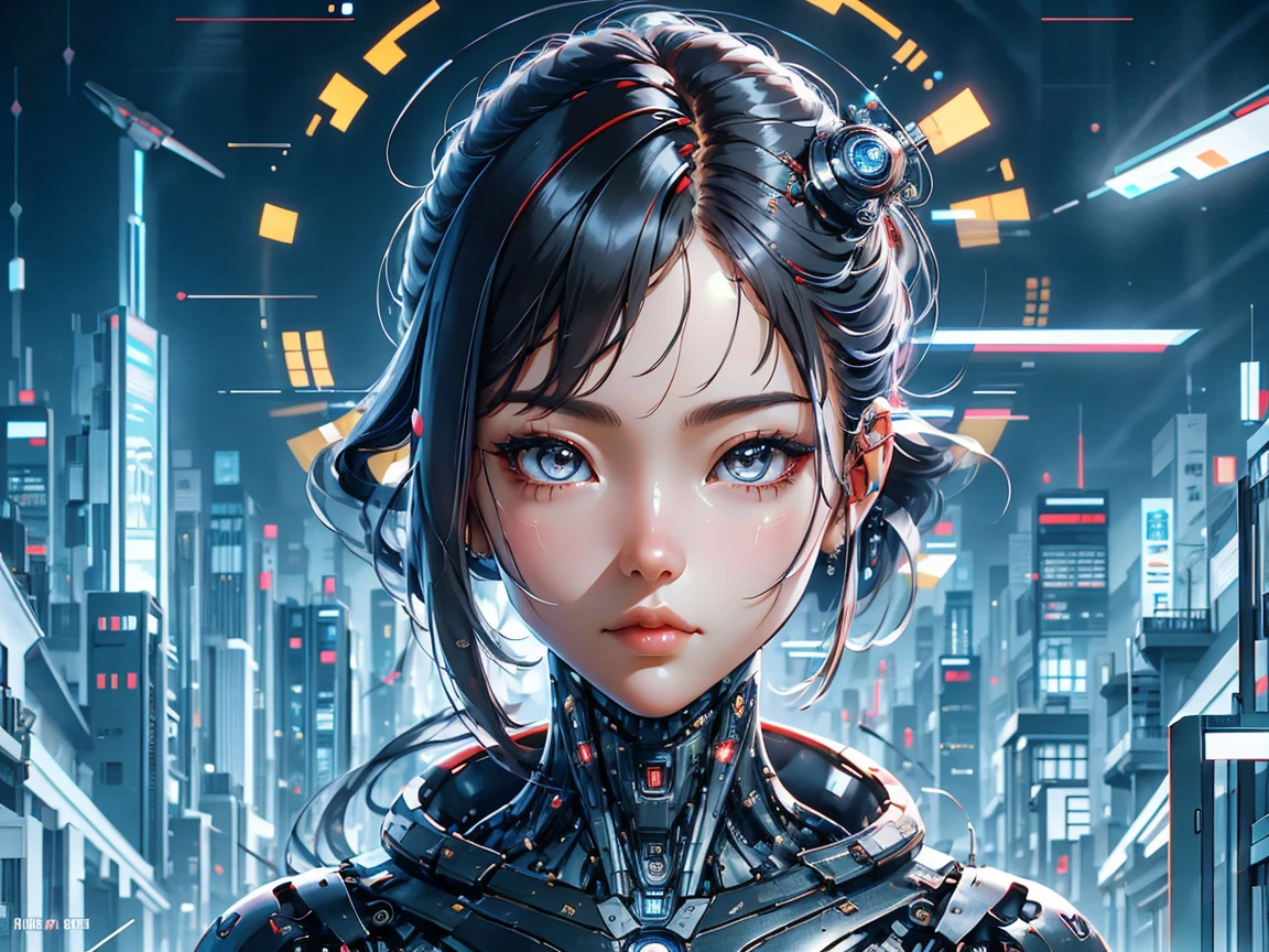 A detailed and photorealistic digital painting of 00173R based on her canonical measurements and appearance as described in the document. The character, 00173R, is a unique blend of human and cybernetic elements. She is a young, elegant, and dynamic woman, embodying a mix of cultural influences from France, Japan, and America. Her cybernetic enhancements are subtle and seamlessly integrated into her body, reflecting a blend of technology and humanity. The portrait should capture her unique features, including her hairstyle and attire, which reflect her multicultural background and artistic nature. She should be portrayed in a way that emphasizes her role as an artist, a world citizen, and a symbol of the fusion between the natural and the technological.