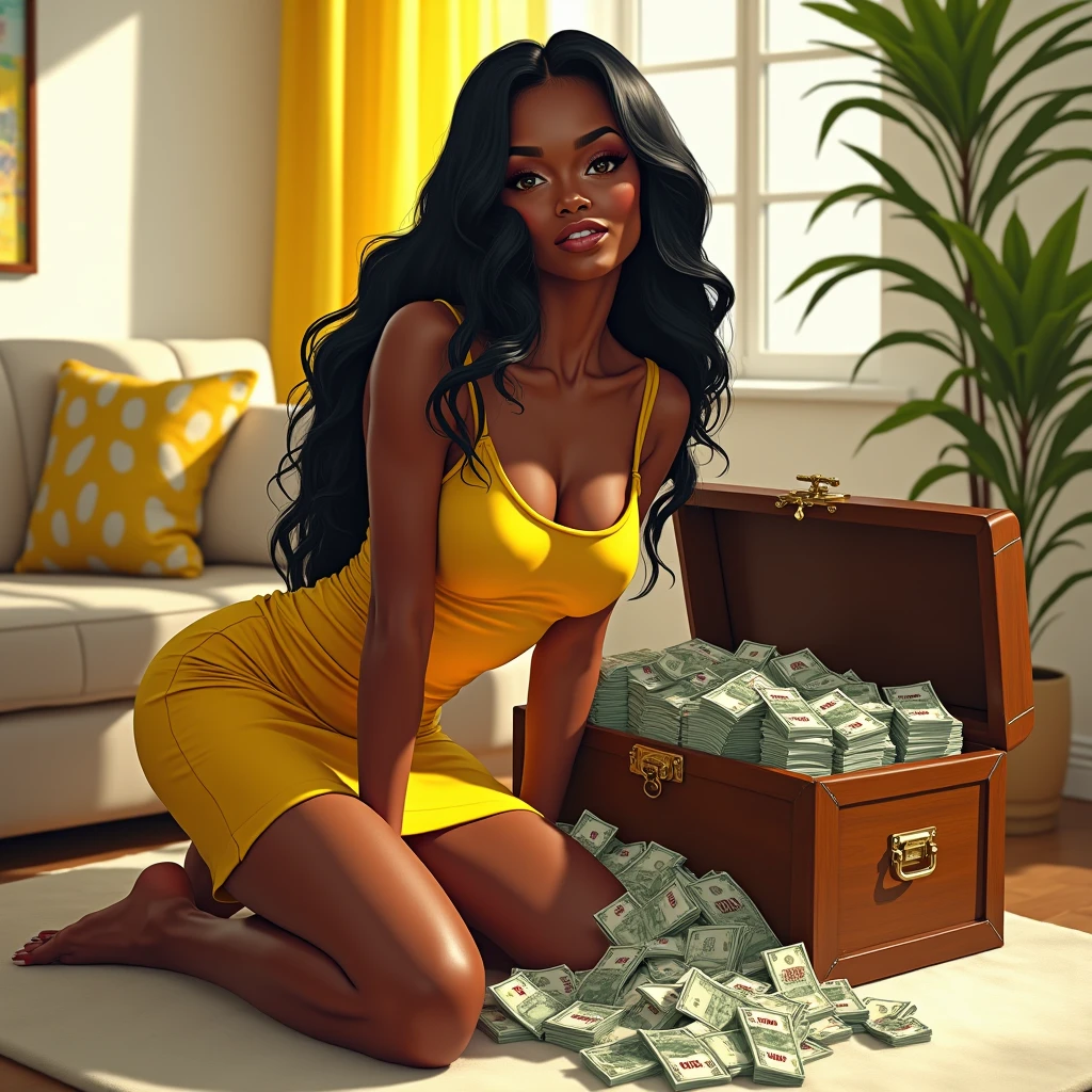 Dark-skinned woman , very long black hair , she is very sexy , beautiful , Goddess , comen sus pies unos cofres de dope , with rainbow and lots of money , half pound , dope , cogollos de dope