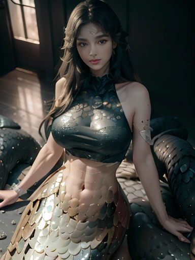 gloom,Bedrooms,Beds,A girl covered in golden scales,(mermaid:1.2), (Elongated snake tail:1.3),(long wavy blond hair)8K UHD,RAW photo,(Real Human:1.3),(A high resolution:1.4),(A detailed:1.5),Dingdall effect,(photorealestic:1.7),RAW photo,Portrait Photogram,Golden scales,(Real number scale),RAW photo,超A high resolution,Foto realism,best qualtiy,Exquisite makeup,( Thin waist),nakeness,Raised sexy(succub(highdetailskin,skin detailed),Visible Pore,The skin is smooth and delicate(White),Shiny,tmasterpiece,finedetail,Colorization,Extremely Delicately Beautiful,Extremely detailed 8k wallpaper,8K high quality,Digital SLR,Lamia girl with beautiful details,(looking at viewert),professional photograph lighting,Faraway view,Whole body diagram