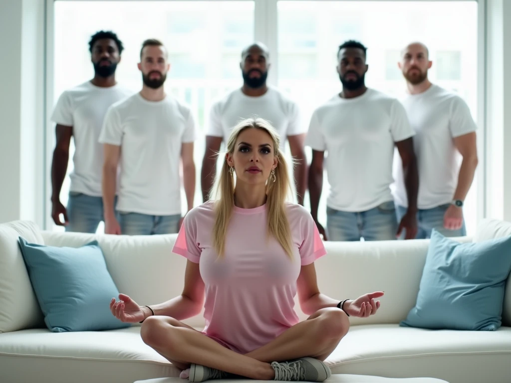 In a modern, brightly lit living room, a woman with huge protruding breasts sits cross-legged on a pristine white couch, styled with long blonde pigtails and wearing a light pink t-shirt. Her hands are hidden in her lap, adding a whimsical charm to its mechanical form. Behind the couch, five large black men stand in a semi-circle. Their white t-shirts contrasts sharply with the pink shirt, their stance disciplined but non-threatening. The clean, modern room features white furniture, light blue pillows, and sunlight streaming through large windows, blending the girl’s humor with the men's imposing presence for a surreal and striking scene