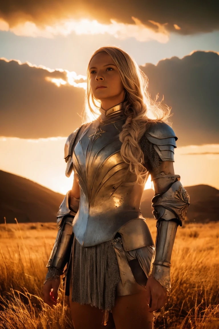 Galadriel, inspired by the series "The Rings of Power", (((L4L4 face))),  in a majestic pose at the center of the scene ,  holding a sword. wearing shimmering armor and elven details,  with its blond hair flowing under a golden light .  The background shows an epic landscape of golden Middle Earth ,  with distant mountains ,  dramatic sky and beams of heavenly light .  Determined expression and intense gaze ,  capturing your strength and wisdom .  Hyper-realistic details on the face and hands ,  metal texture of the highly detailed armor ,  skin illuminated with perfection ,  cinematic atmosphere , epic and glorious . natural light, 35mm photograph, film, professional, 4K, highly detailed, Golden hour lighting. Depth of field F2. Rule of Thirds Composition.
