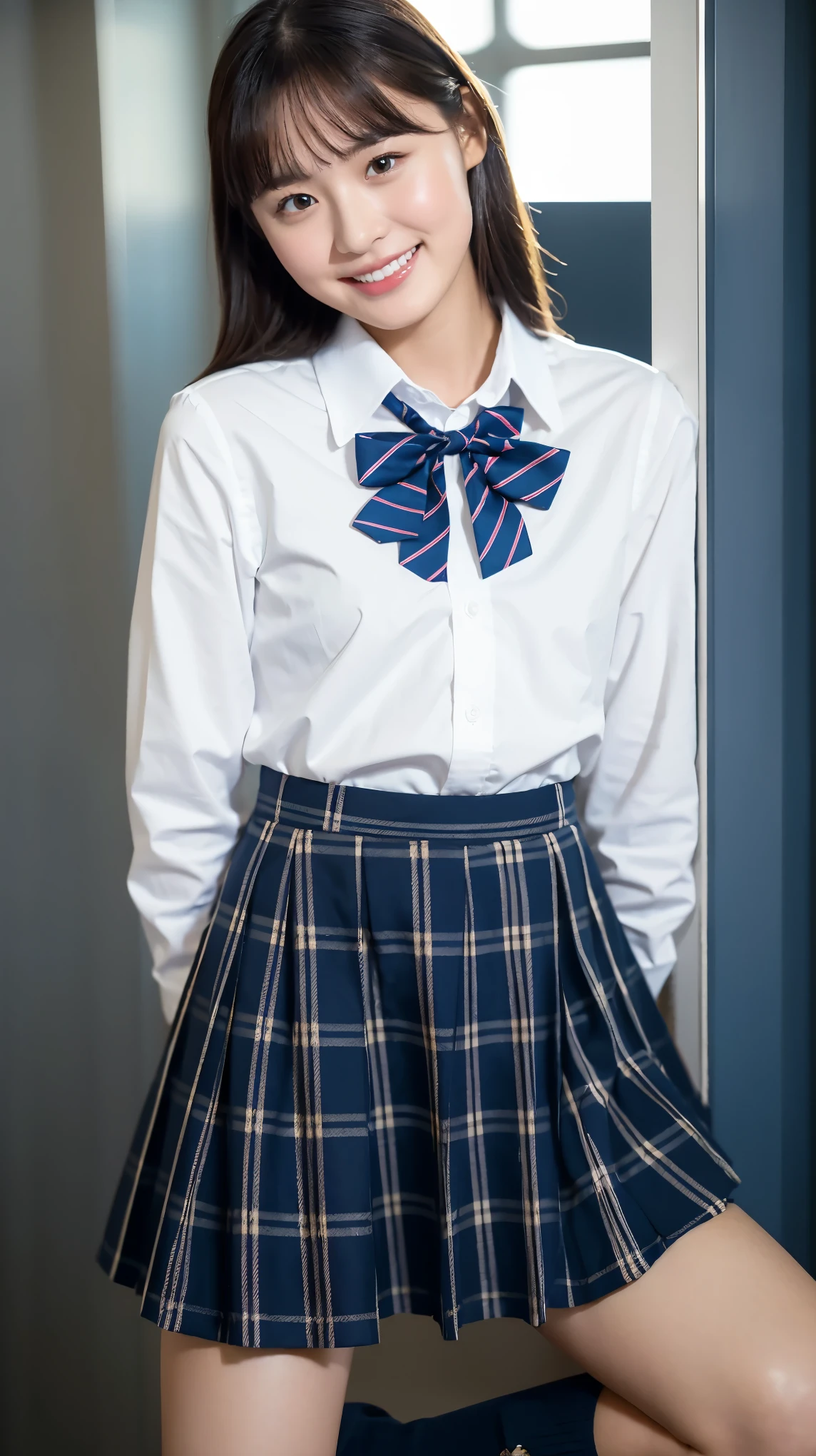 (Highest quality, 4K, 8k, High resolution, masterpiece, Genuine, Realistic, Realistic:1.3), (upper body, from below), Girl standing in a school changingroom, grin:1, phisically accurate, ((wearing white collared Uniform with blue bow tie, dark blue sweater, dark blue plaid skirt)), ((pink striped pattern underwear)), 18-year-old, bangs, A small smile, Thighs, knees, From below, pinching skirt:0.7, open legs:0.8,