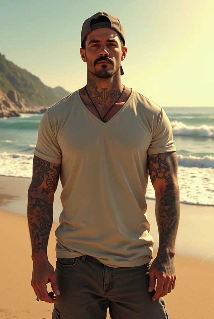 A Handsome Man. He have Broad-shouldered, athletic build. He have tousled jet black hair, lightly tanned skin tone, and Onyx black eyes, with reddish tint. He have tattoos all over his body, with well-groomed stubbles on his chin. He is shirtless, clad in black swim trunks. A silver chain necklace adorned his neck, currently standing on a beach with a calm face.