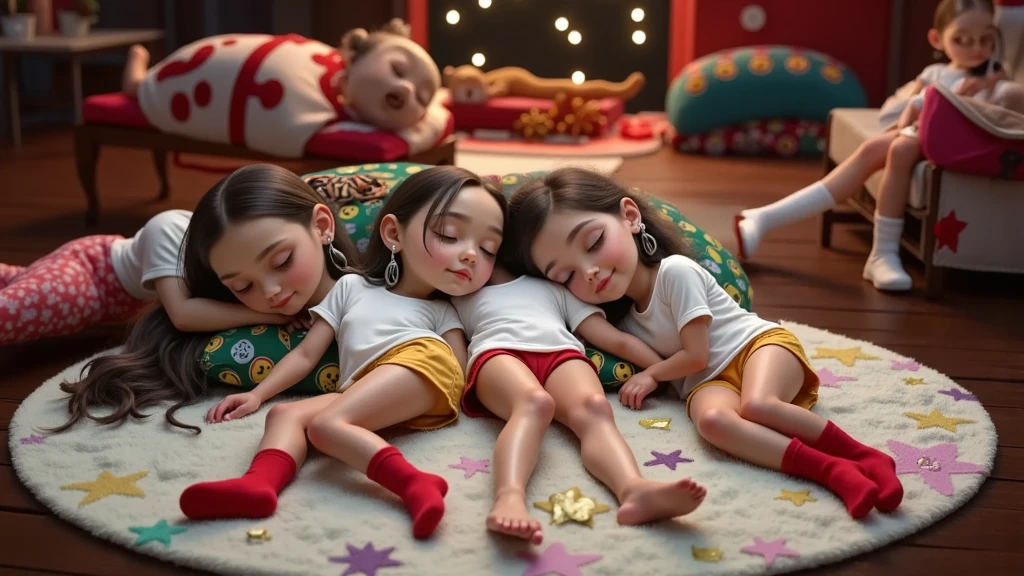 A 3D rendering of three Disney Pixar-style s sleeping in Christmas-themed pajamas. The pajamas are red with yellow emojis. The boy is in the center, between two girls who are using his chest as a pillow, the boy. The boy has very light brown curly hair and sun-tanned skin. On the left side we have a girl with straight black hair down to her waist and wearing a colorful feather earring, she is Brazilian Indian. The second girl has long black curly hair tied in two ponytails. The boy and the girls are beautiful, sensual, and seductive, they are certainly all sleeping peacefully, with their eyes closed with a slight smile and are leaning against each other. The background contains a bright star, a full moon and a sky full of stars. The babies are lying on white clouds. The image is high resolution and high quality.