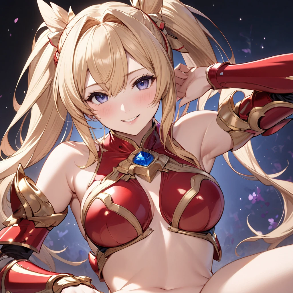 (( best quality)), ((masterpiece)), ( Details), （ perfect face）、The woman is a blond twin-tailed Zeta from Granblue Fantasy, wears highly revealing sexy red armor, poses in a sexy and seductive manner, and smiles gently