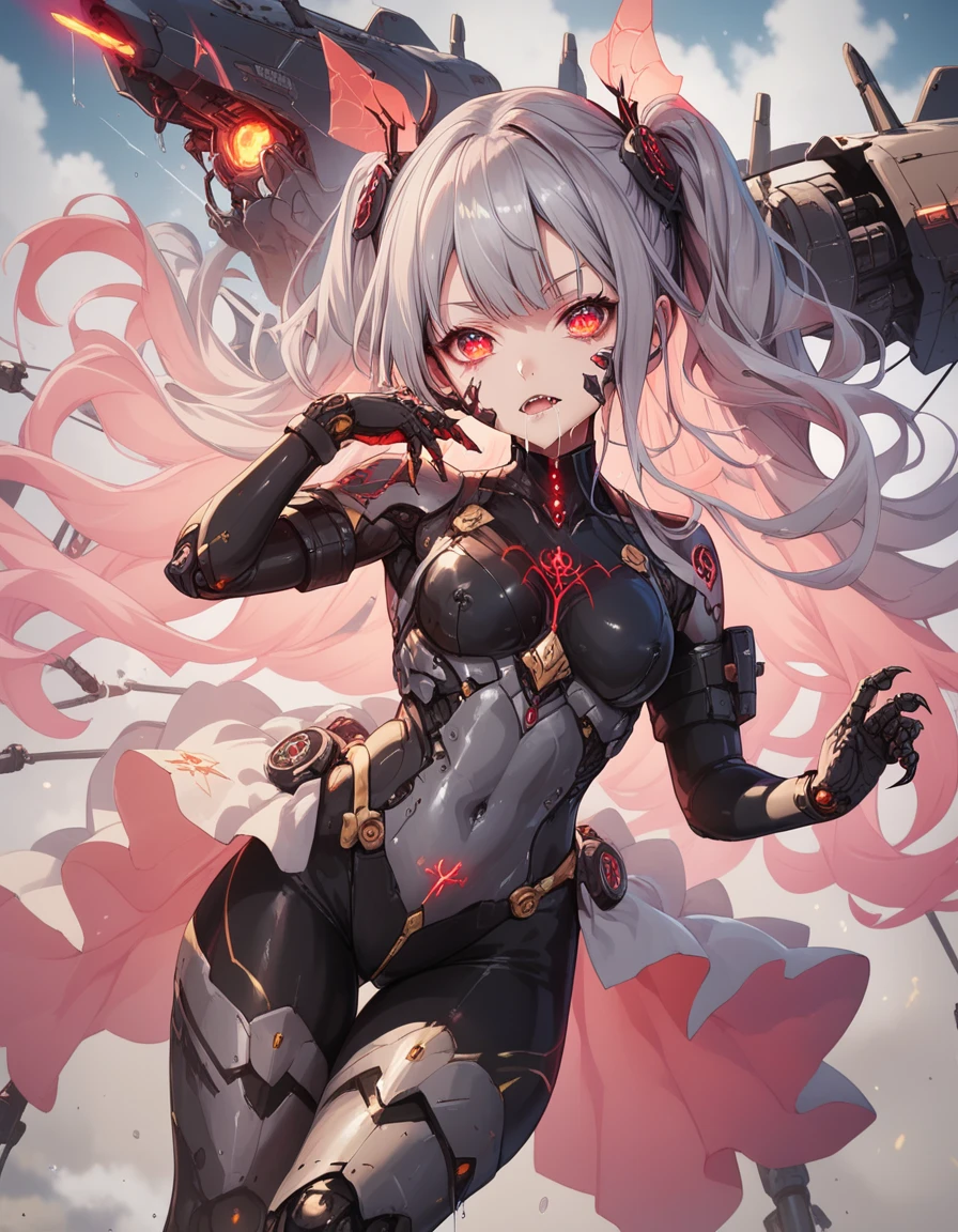 Mechanical Weapon Girl. （Upper body close-up image）(Sit on the throne)（Mechanical Fang）Full body bodysuit. Latex. Cyber wind. Light armor. spider tattoo near his eye and black mucus dripping down his cheek. look of contempt. Grey hair. Glowing red eyes. Glowing core. mechanical Kaijyu in the background. large sharp claws. Red and black machine. Battleship. Cross legs. Arms crossed. swarm of mechanical insects.