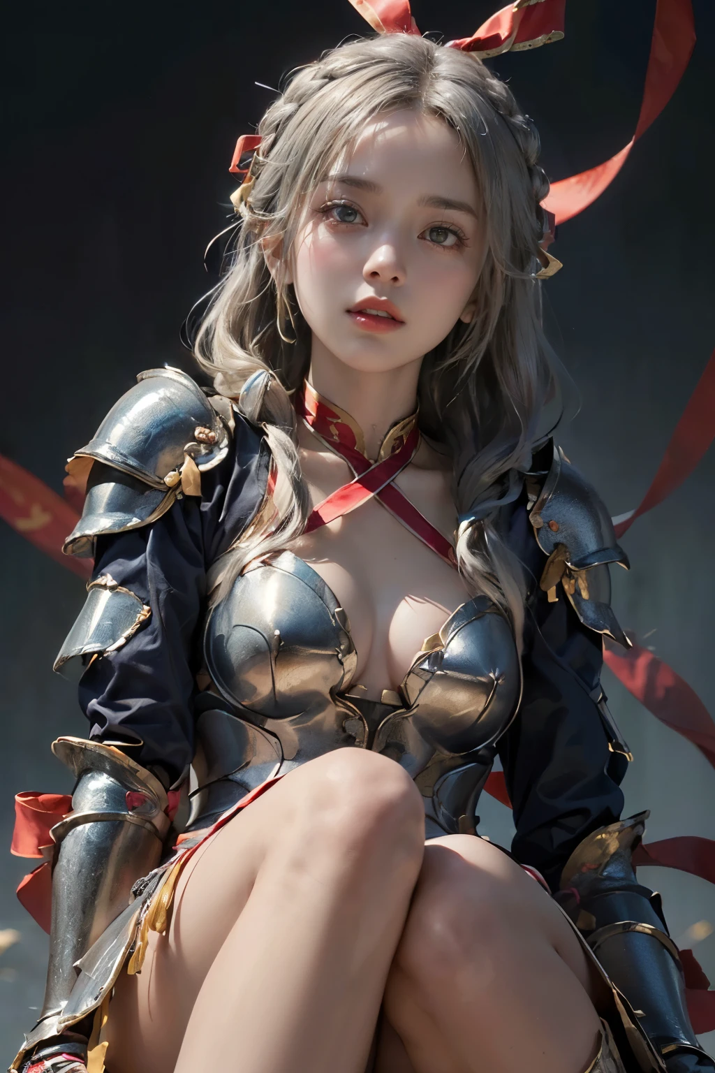(( photoshoot)),(( highest resolution)),(( best quality,8k)), ((masterpiece)), ( Details), Photographically, High Definition , Valkyria Girls , Detailsな美しい顔,(Beautiful contrasting eyes),(( perfect anatomy )),( knee up :1.2) closes her mouth, medium silver hair ,Loosely Braided Hair , hair ornament, will brush up his hair,((Armor richly decorated with ribbons :1.5)),Race cape with countless ribbons ,clavicle,navel,Thighs,( and show your armpits:1.2), looking up at the subject from below,((( fluttering like )))( shot from the front:1.6),