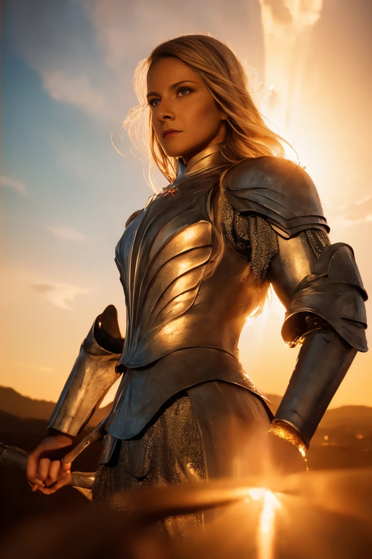 Galadriel, inspired by the series "The Rings of Power", (((L4L4 face))),  in a majestic pose at the center of the scene ,  holding a sword. wearing shimmering armor and elven details,  with its blond hair flowing under a golden light .  The background shows an epic landscape of golden Middle Earth ,  with distant mountains ,  dramatic sky and beams of heavenly light .  Determined expression and intense gaze ,  capturing your strength and wisdom .  Hyper-realistic details on the face and hands ,  metal texture of the highly detailed armor ,  skin illuminated with perfection ,  cinematic atmosphere , epic and glorious . natural light, 35mm photograph, film, professional, 4K, highly detailed, Golden hour lighting. Depth of field F2. Rule of Thirds Composition.
