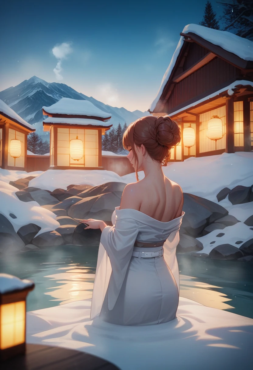 open-air bath, onsen, night, snow, long-focus, 1girl, back, master piece, best quality, ultra-detailed
