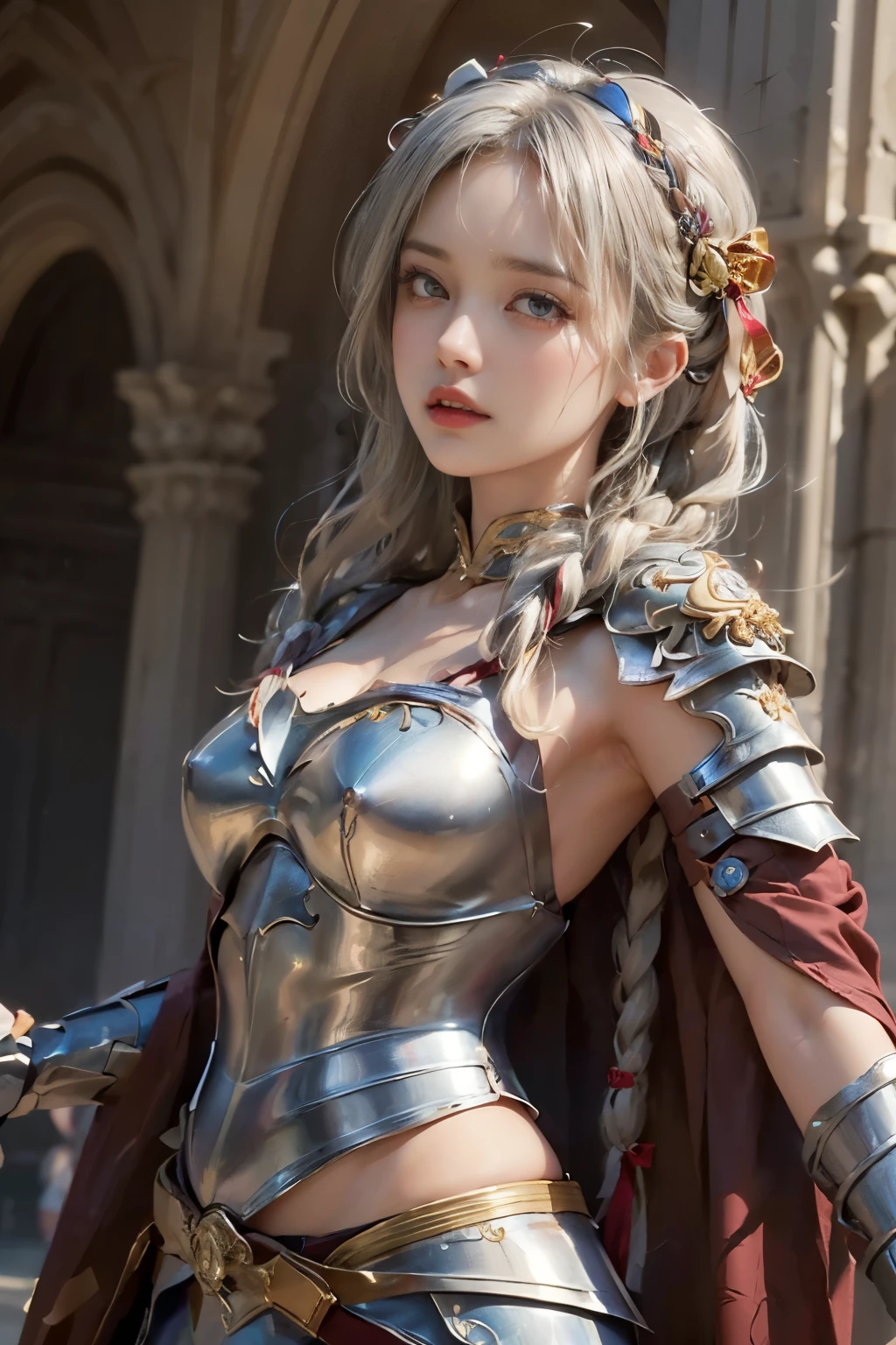 (( photoshoot)),(( highest resolution)),(( best quality,8k)), ((masterpiece)), ( Details), Photographically,  High Definition , Valkyria Girls ,  Detailsな美しい顔,(Beautiful contrasting eyes),(( perfect anatomy )), closes her mouth, medium silver hair ,Loosely Braided Hair , hair ornament, will brush up his hair,(( richly decorated armor with ribbons :1.5)),Lots of ribbons,clavicle,Belly button,Thighs,( and show your armpits:1.2),Lace Cape,((( fluttering like )))( shot from the front:1.6),