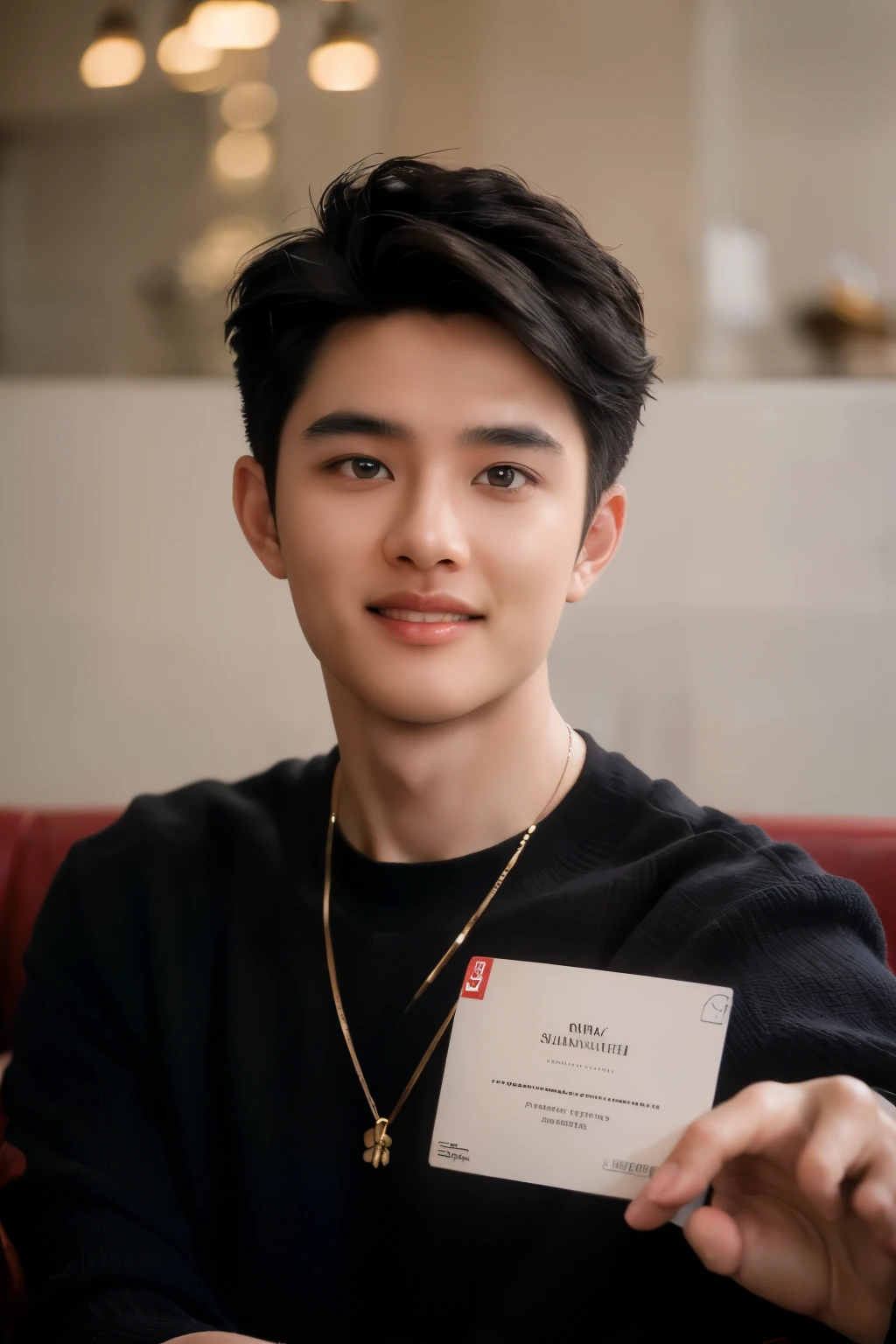 ((Masterpiece, best quality, high quality, hyper-realistic, ultra detailed, RAW Photo)), ****ung man, Korean man, D.O Exo, medium black hair, thin face, casual outfit, perfect eyes, perfect smile, perfect face, handsome, red lips, in the coffee shop, ((holding a name card that says "Shalomitha"))