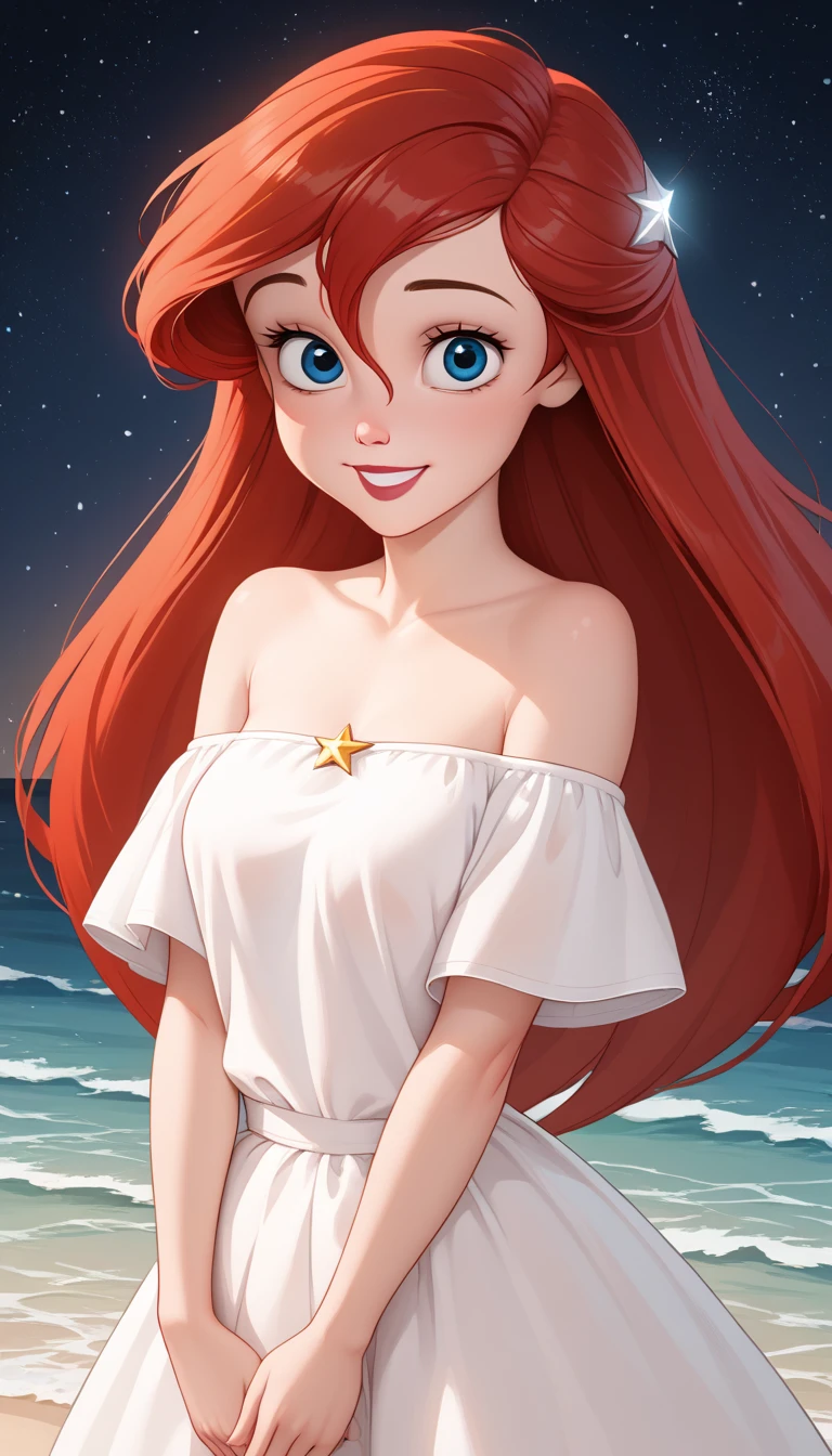 score_9, score_8_up, score_7_up, DisneyAriel, 1girl, red hair, blue eyes, long hair, looking at viewer, on a white off the shoulders ruffle maxi dress, standing on the beach, waves gently lapping at the shore, night skies with blue and purple hues with sparkling stars, relaxed and contemplative atmosphere, upper body, smile, both hands down
