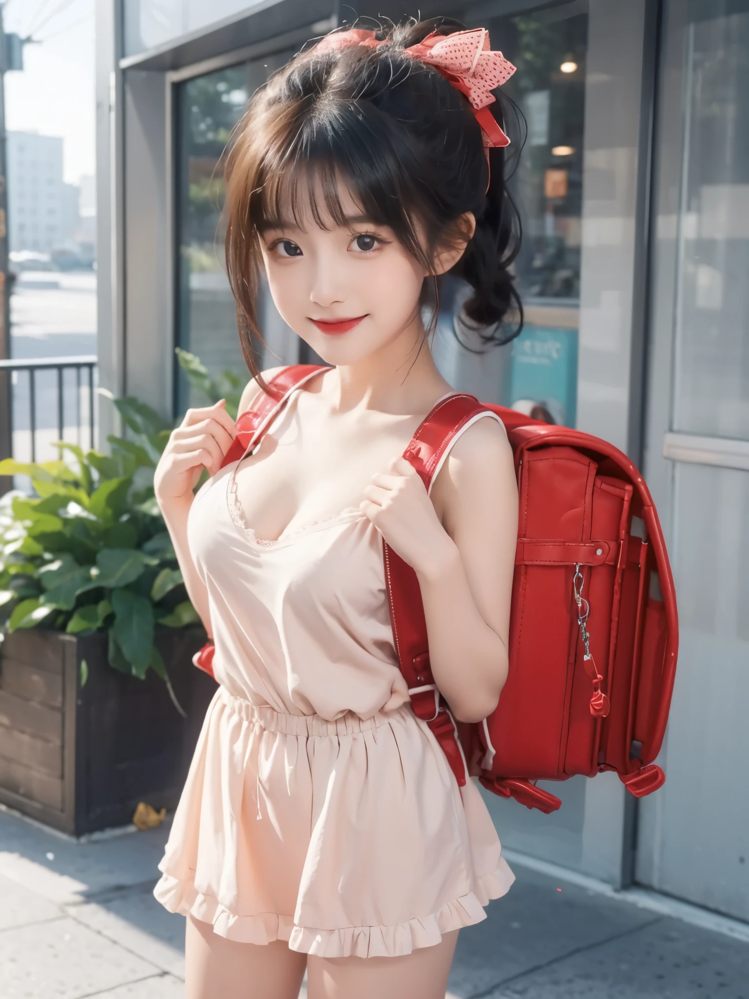 Masterpiece, hd, 1girl, 16y.o, high school girl, realistic, best quality, brown hair, medium hair, smile, wearing strapless dress, wearing randoseru backpack, (backpack:1.2), outdoor, park