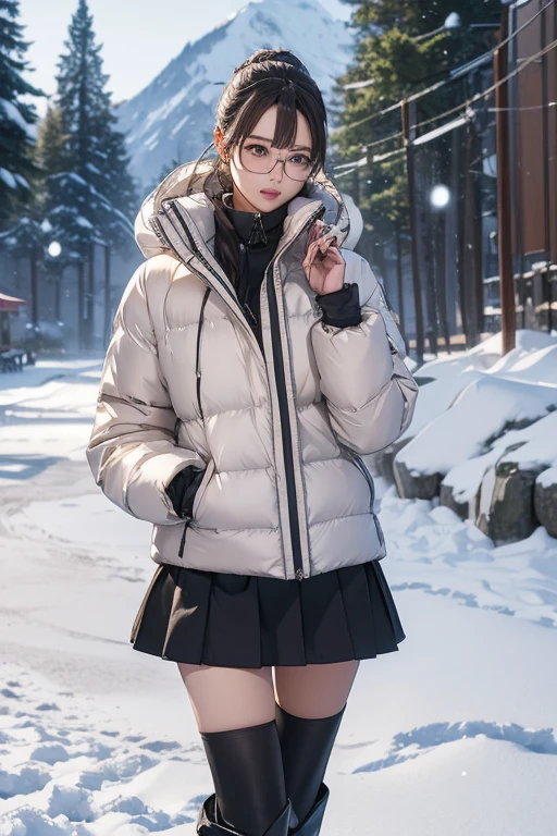 (( best quality)), ((傑 best quality、masterpiece、High sensitivity、 high definition 、 Details、 Delicate Facial Description)), Slender woman、Glasses、 down jacket 、 Mini Skirt、 long boots、In the snow、
