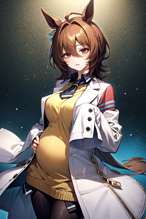  Agnes Tachyon 、Horse Girl、One person、 girl、Horse ears、Horse tail、 earring on one side 、Red eyes、I have lines in my eyes 、 shorthair、 brown hair 、Jacket、（White coat:1.2)、(bigger sleeve than wrist :1.1)、 yellow big sweater、 ties、 black pantyhose 、pregnant women、Stray hair、best qualty, 