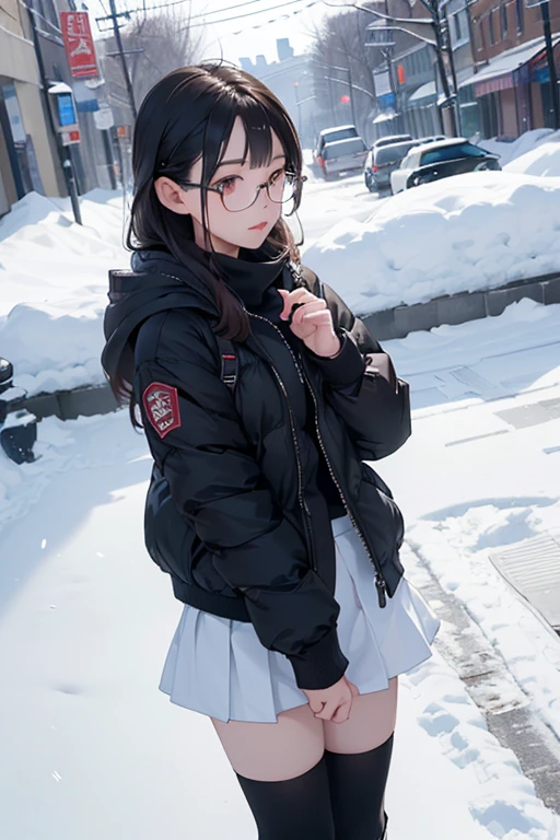 (( best quality)), ((傑 best quality、masterpiece、High sensitivity、 high definition 、 Details、 Delicate Facial Description)), Slender woman、Glasses、 down jacket 、 Mini Skirt、 long boots、In the snow、