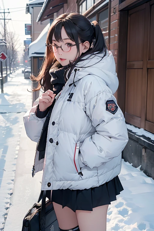 (( best quality)), ((傑 best quality、masterpiece、High sensitivity、 high definition 、 Details、 Delicate Facial Description)), Slender woman、Glasses、 down jacket 、 Mini Skirt、 long boots、In the snow、