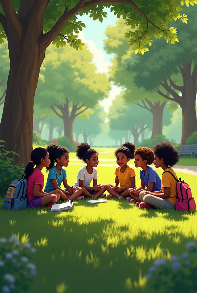 (8k, RAW photo, best quality, masterpiece: 1.2), (realistic, photorealistic: 1.37), african american children, detailed photo playing on school grass, beautiful school, art school, top quality