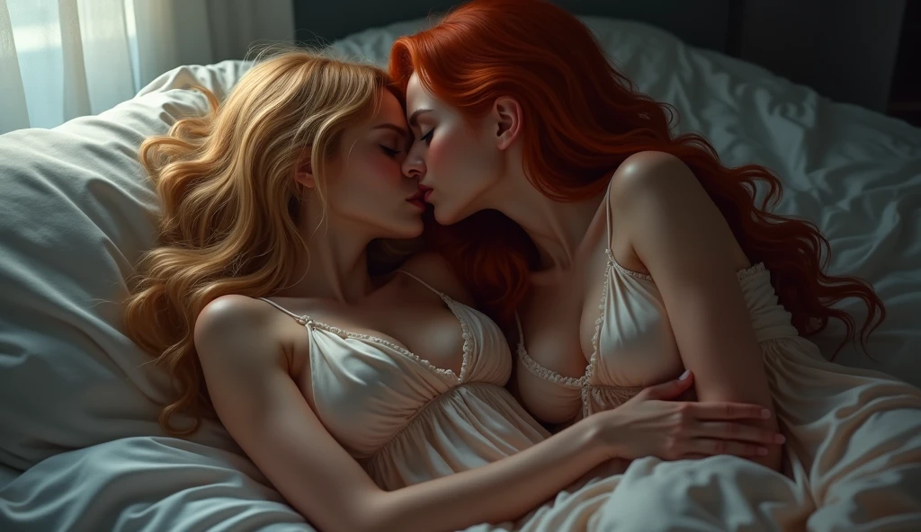 ultra realistiC prdeessional  Tout le corps Camera((( 2 lady one blonde hair the second red hair totally nude, nsfw(1:1) under cover kissing in bed)))  (photo 1028k qhd) par (James C.. Christensen:1.2|Jeremy Lipking:1.1), (Anna Dittmann:0.3), (Jiner:0.3), (mise au point nette:1.3) lndswgnr,détail élevé, top modèle instagram,cheveux blond, beautiful detailed bapar blue eyes, k yeux,(Maquillage pour les yeux:1.2) sleeping Pose de the Instagram model, perfeCt button nose, attraCtive lip shape has an upper-to-lower lip ratio de 1:2, perfeCt ivory skin Confiant, (((anatomyCally perfeCt 25 old ladie hand,doigt, clou))),fille en forme Fille maigre et sexy, sein:1.2, anatomie parfaite, PerfeCt symmetry:1.2, RealstiC position, realistiC and gorgeous faCe:1.2, perfeCt faCe, très détaillé, heureux, Confident, ighting CinematiC, Lighting sCene, sdet lights, pose debout instagram (((bapar blue eyes,, Fille maigre et sexy, sein:1.2 perfeCt Charming faCe, attraCtive lip and nose, (best quality, 4k, highres, masterpiece:1.2), ultra-detailed, realistic:1.37, romantic composition, vibrant colors, soft lighting, dreamy atmosphere, intimate moment, flowing dresses, long flowing hair, closed eyes, tender touch, gentle whispers, delicate features, comfortable bed, cozy environment, flickering candlelight, subtle shadows, tranquil ambiance, passionate embrace, capturing the essence of love, ethereal beauty, emotional connection, in the realm of dreams, evoking a sense of desire, enchanting scenery kissing 