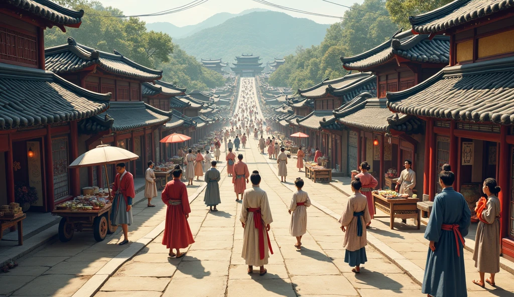 Daylight during the day,There are many people walking the streets in Asian style, Beautiful rendering of the Tang Dynasty, dreamy Chinese towns, Tang Dynasty Palace,ancient china art style, Cinematic,Wearing ancient Chinese clothes, film Silk Road landscape, Taoist temples and monks, Hanfu