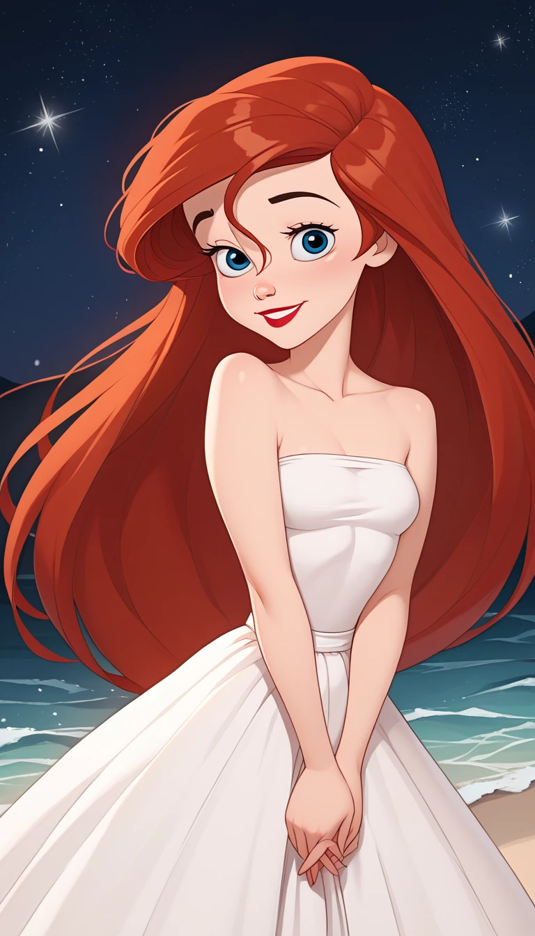 score_9, score_8_up, score_7_up, DisneyAriel, 1girl, red hair, blue eyes, long hair, looking at viewer, on a white off the shoulders ruffle maxi dress, standing on the beach, waves gently lapping at the shore, night skies with blue and purple hues with sparkling stars, relaxed and contemplative atmosphere, upper body, smile, both hands down
