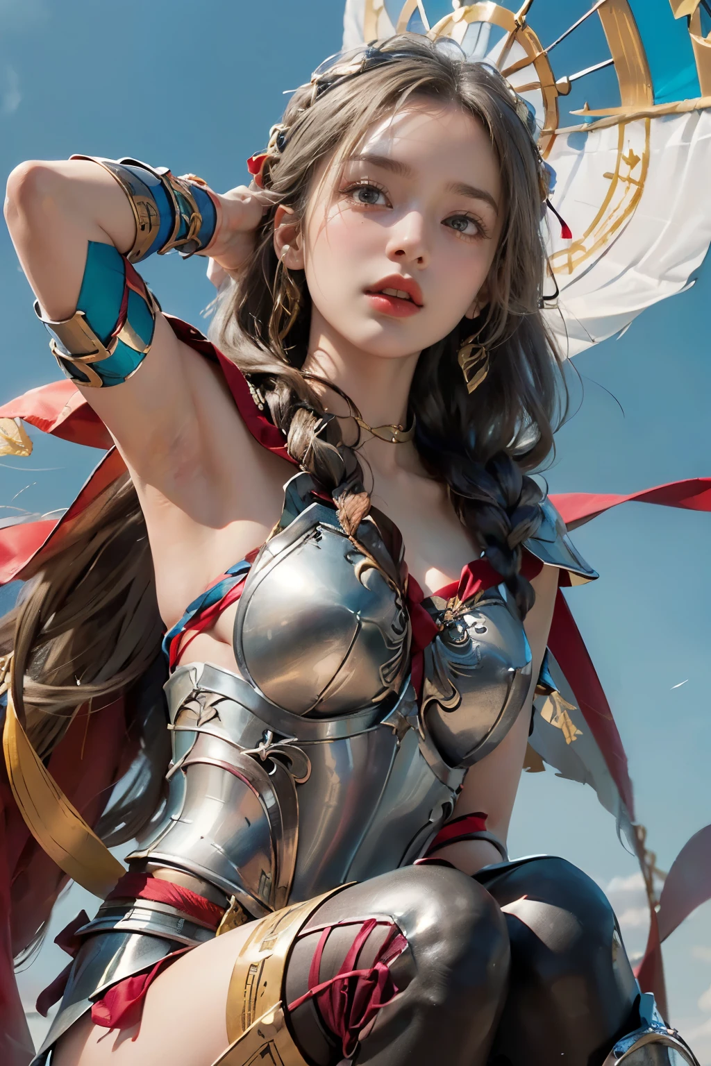 (( photoshoot)),(( highest resolution)),(( best quality,8k)), ((masterpiece)), ( Details), Photographically,  High Definition , Valkyrie,  Detailsな美しい顔,(Beautiful contrasting eyes),(( perfect anatomy )),( knee up :1.2) closes her mouth, medium silver hair ,Loosely Braided Hair , hair ornament,((Armor richly decorated with ribbons :1.5)),Race cape with countless ribbons ,clavicle,navel,Thighs,( and show your armpits:1.5),lace cape with ribbon fluttering in the wind,((( fluttering like )))( shot from the front:1.6),