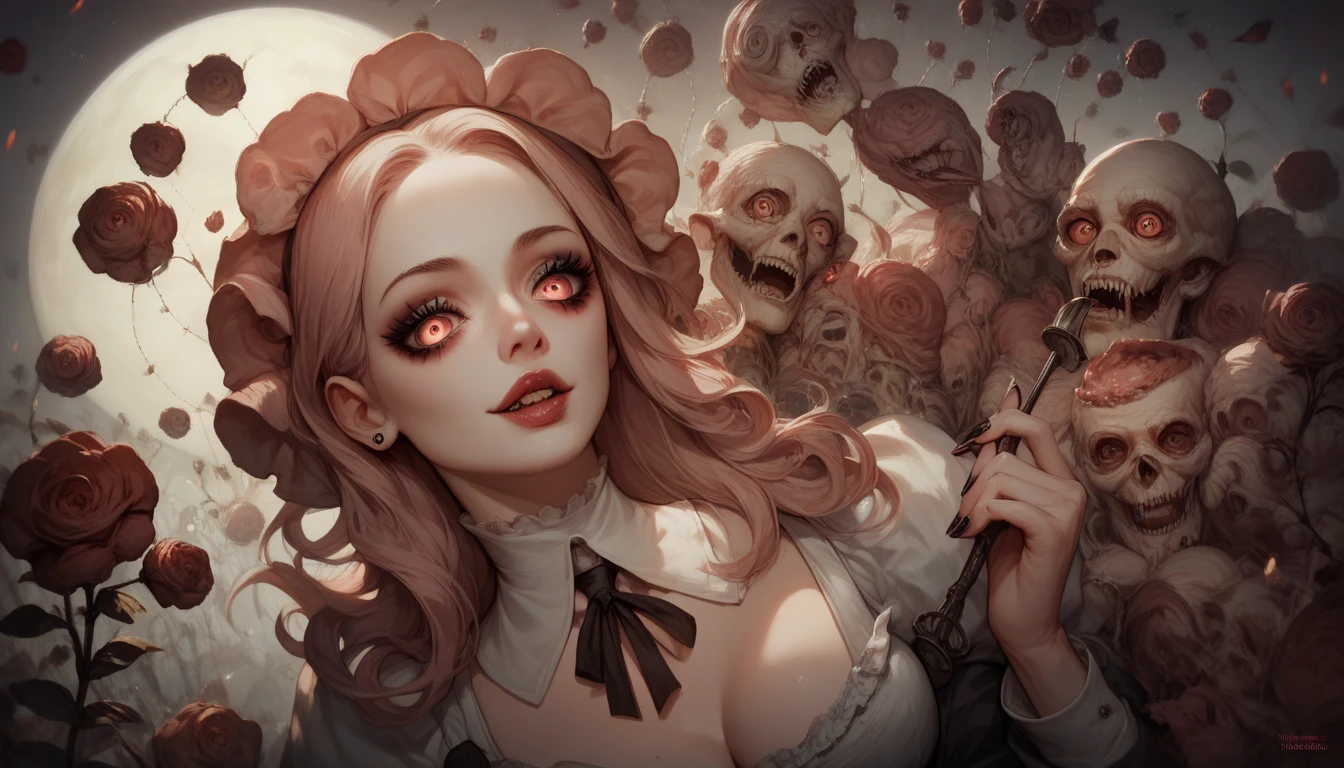 Blonde beauty with tentacles, growing out of the back,6 tentacles,Each tentacle breaks or crushes objects in different directions,Halloween, Around the pumpkin, end of the world,century,There are people around, who run away in fear々,Woman smiling,D-чашки,luxury,Doress,blood rain,bloody,Pools of blood,Masterpiece,higly detailed,Perfect composition,a perfect face,Perfect bodies,the golden ratio,8K