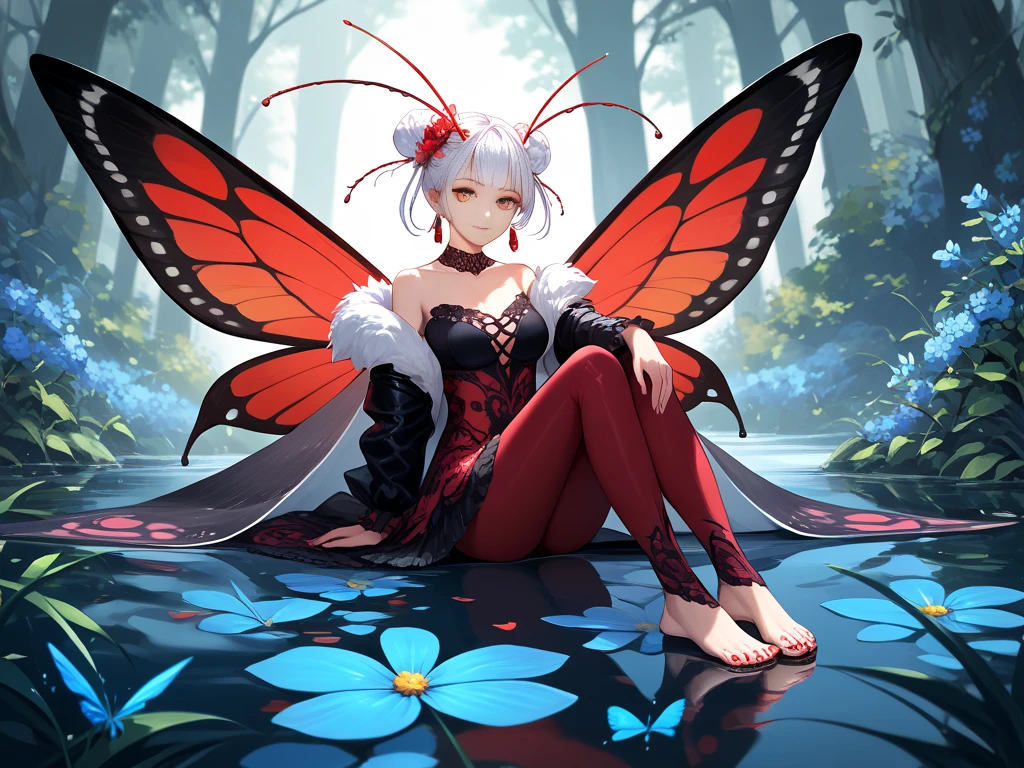 masterpiece,best quality,amazing quality, absurdres, , 1girl, solo, looking_at_viewer, hair_ornament, very_long_hair, sitting, medium_breasts, full_body, yellow_eyes, white_hair, flower, earrings, wings, hair_flower, off_shoulder, hair_bun, feet, toes, double_bun, makeup, facial_mark, red_flower, monster_girl, toenails, fur_collar, antennae, insect_wings, arthropod_girl, butterfly_wings, reflective_floor, moth, moth_girl