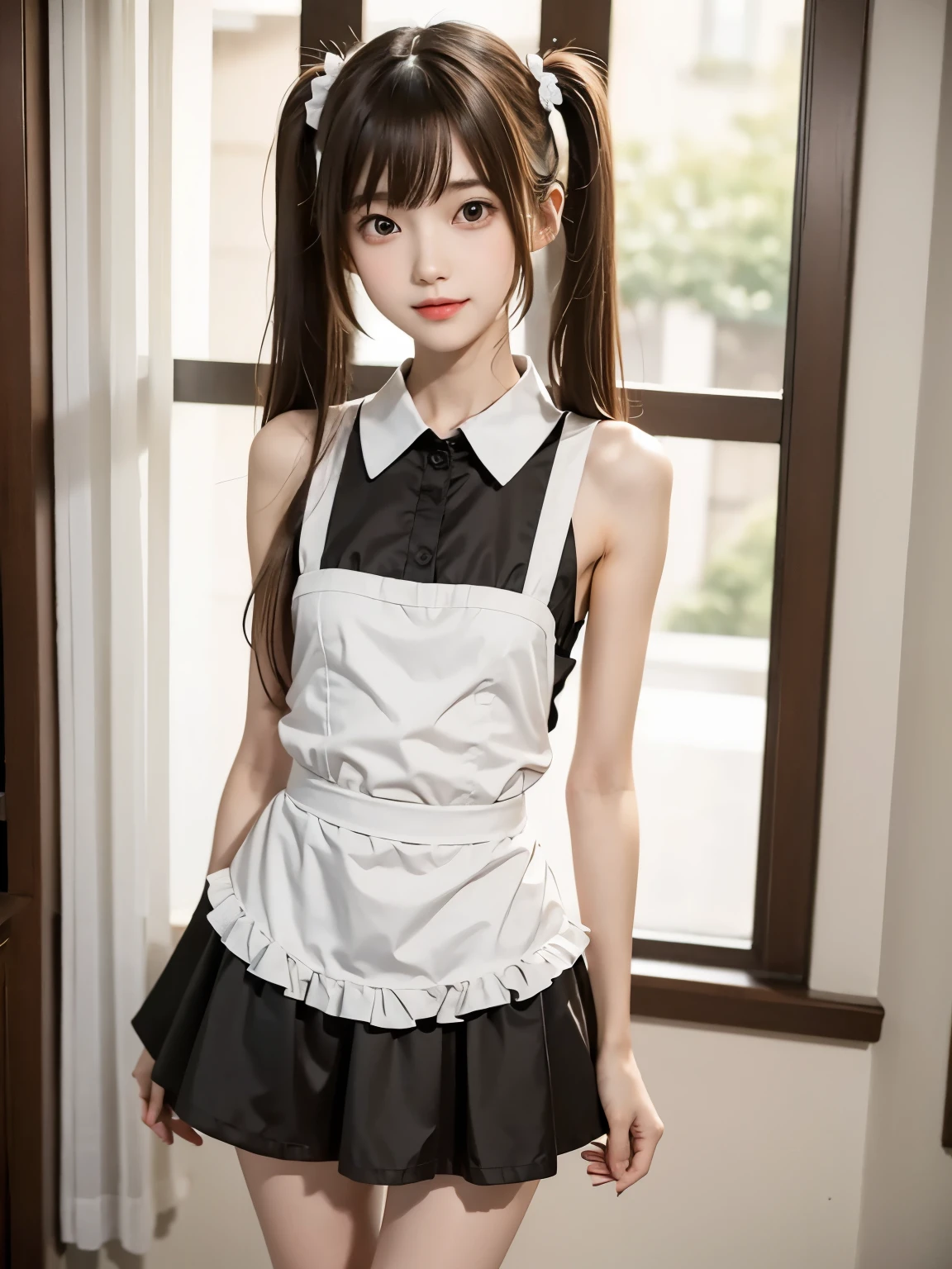 Maid,cute pretty girl,masterpiece,high definition,4k,8k,16k,twin tails,brown hair,slender body,thin leg, thin arm, thin body,small,18yo