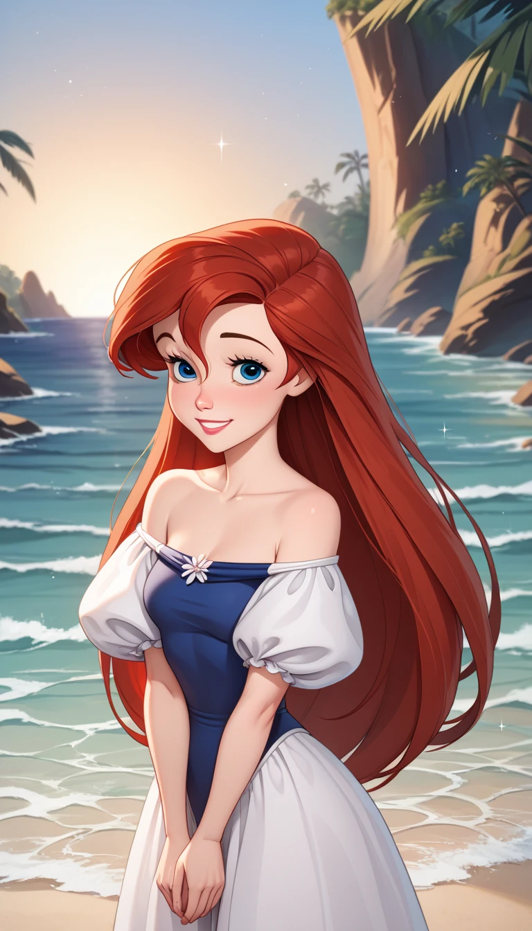 score_9, score_8_up, score_7_up, DisneyAriel, 1girl, red hair, blue eyes, long hair, looking at viewer, on a white off the shoulders ruffle maxi dress, short sleeve, standing on the beach, waves gently lapping at the shore, night skies with blue and purple hues with sparkling stars, relaxed and contemplative atmosphere, upper body, smile, both hands down