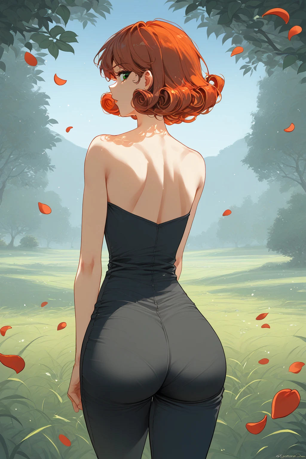 source_anime, score_9, score_8_,  a girl nSpenny Stardew,  green eyes ,  short hair,  red hair , toys,  curly hair, from behind, black legging pants and short yellow V-neck blouse with neckline,  looking back, spring, cherry petals , Outdoors your ass stands out on the dress,  PERKY ASS  ,  steep,Your dress is glued to the body,sexy,dress in the wind , ((woman))