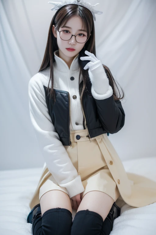 (( best quality)), ((傑 best quality、masterpiece、High sensitivity、 high definition 、 Details、 Delicate Facial Description)), Slender woman、Glasses、 down jacket 、 Mini Skirt、 long boots、In the snow、