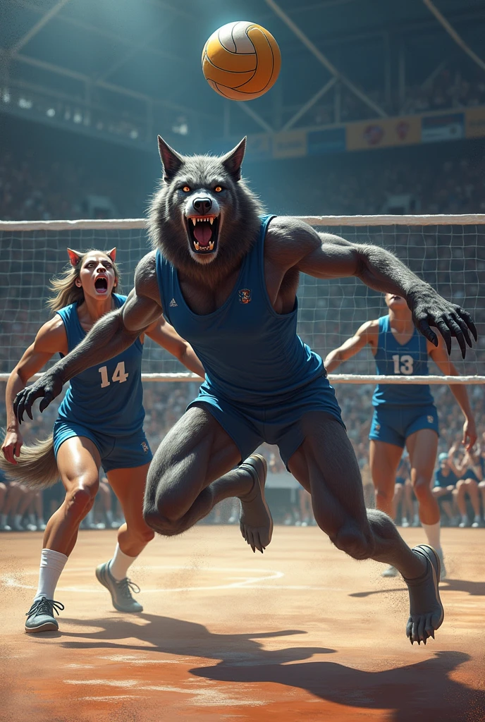 outdoors, in stadium, ( ), top-down bottom-up,  position, , (penetration), crop top cleavage thighhighs elbow gloves eyes rolling back submissive female penetrated by huge muscular werewolf, side view