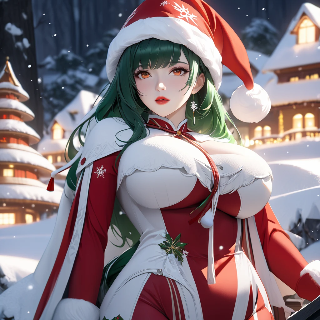 A woman wearing a Santa Claus uniform, Christmas hat, big breasts, long green hair, orange eyes, standing on a staircase on a large mountain platform, trees covered in snow, place with Christmas aesthetics, perfect eyes, lips perfect,( Punishing_gray_raven, Hanying.).UHD, masterpiece, accurate, anatomically correct, textured skin, super detail,long hair, high quality, best quality, 8k, high resolution, bokeh effect.(solo woman),white gloves, realistic, close view, night location, with snowflakes falling on the location.
