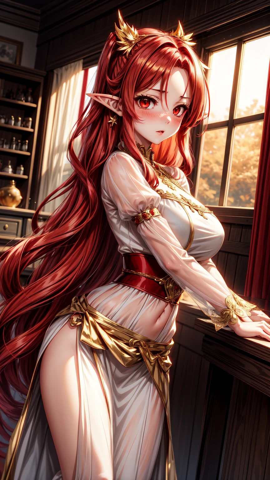 One exquisitely detailed woman, with a perfect number of ten fingers and toes, two arms, and two legs, delivers powerful strikes near the radiant, blushing chestnut tree (rubor:1.5). Placing a hand on her heaving chest (PON UNA MANO EN TUS PECHOS:1.8), she lets out a gratifying moan (pussy juice:1.5), her crimson-stained lips betraying traces of sweat and exertion. Nearby, another woman, radiant and captivating, prepares to captivate an audience. Dressed in ornate white and red idol costumes, her corset a vibr