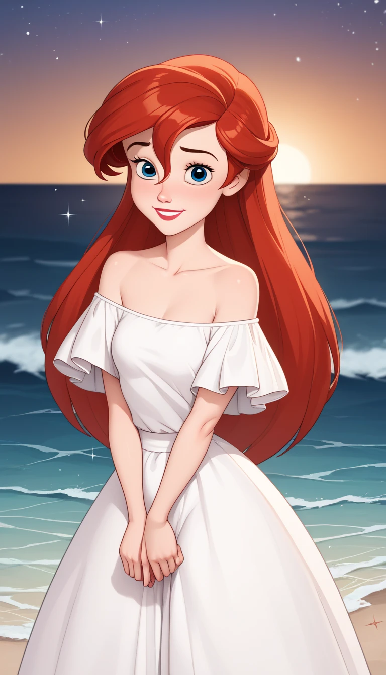 score_9, score_8_up, score_7_up, DisneyAriel, 1girl, red hair, blue eyes, long hair, looking at viewer, on a white off the shoulders ruffle maxi dress, short sleeve, standing on the beach, waves gently lapping at the shore, night skies with blue and purple hues with sparkling stars, relaxed and contemplative atmosphere, upper body, smile, both hands down