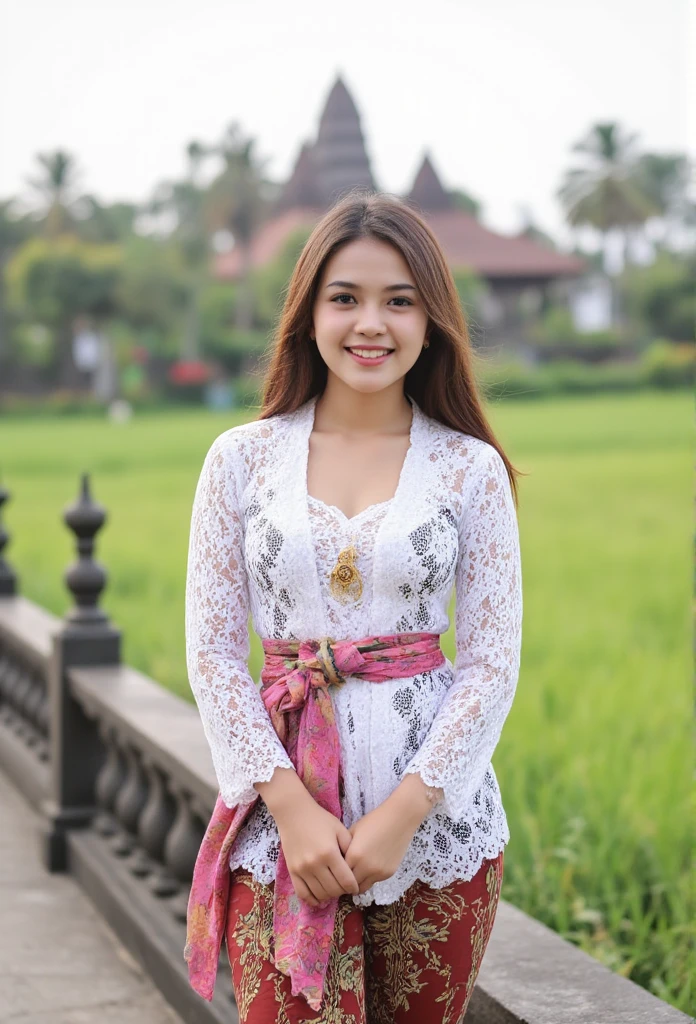 (masterpiece, best quality:1.2), 1 hijab girl, ((wearing hijab)), (large breast, cleavage cutout), Alone, flower,unbuttoned kebaya_Bali, white_kebaya_bali, mid shot, close up, stands on bridge, smiling, Bali temple background, beach
