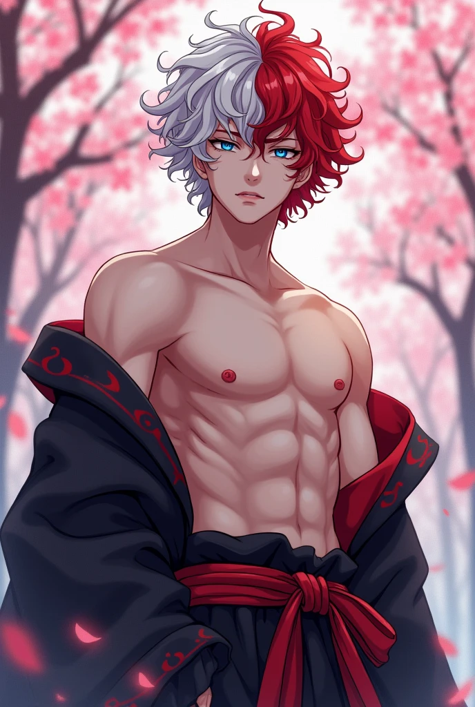 Ultra detailed, highres, absurdres, HDR, master piece, Ryoumen Sukuna, pink hair, expressive red eyes, Jujutsu Kaisen, water, autumn, petals, orange and yellow leaves, sexy man, solo, handsome, black shirt, black long coat, red, toned chest, best quality