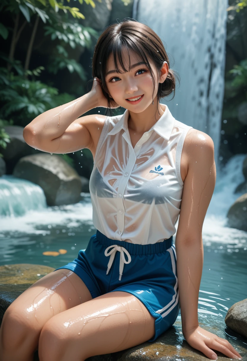 cute, two girls, elementary school students, , black hair, ponytail, school track suit, white short sleeves, (((no pants))), innocent smile, (shiny skin), big bust, ((no bra)), (((no underwaer))), ((see-nipple)), (((wet))), (((see-through)))
